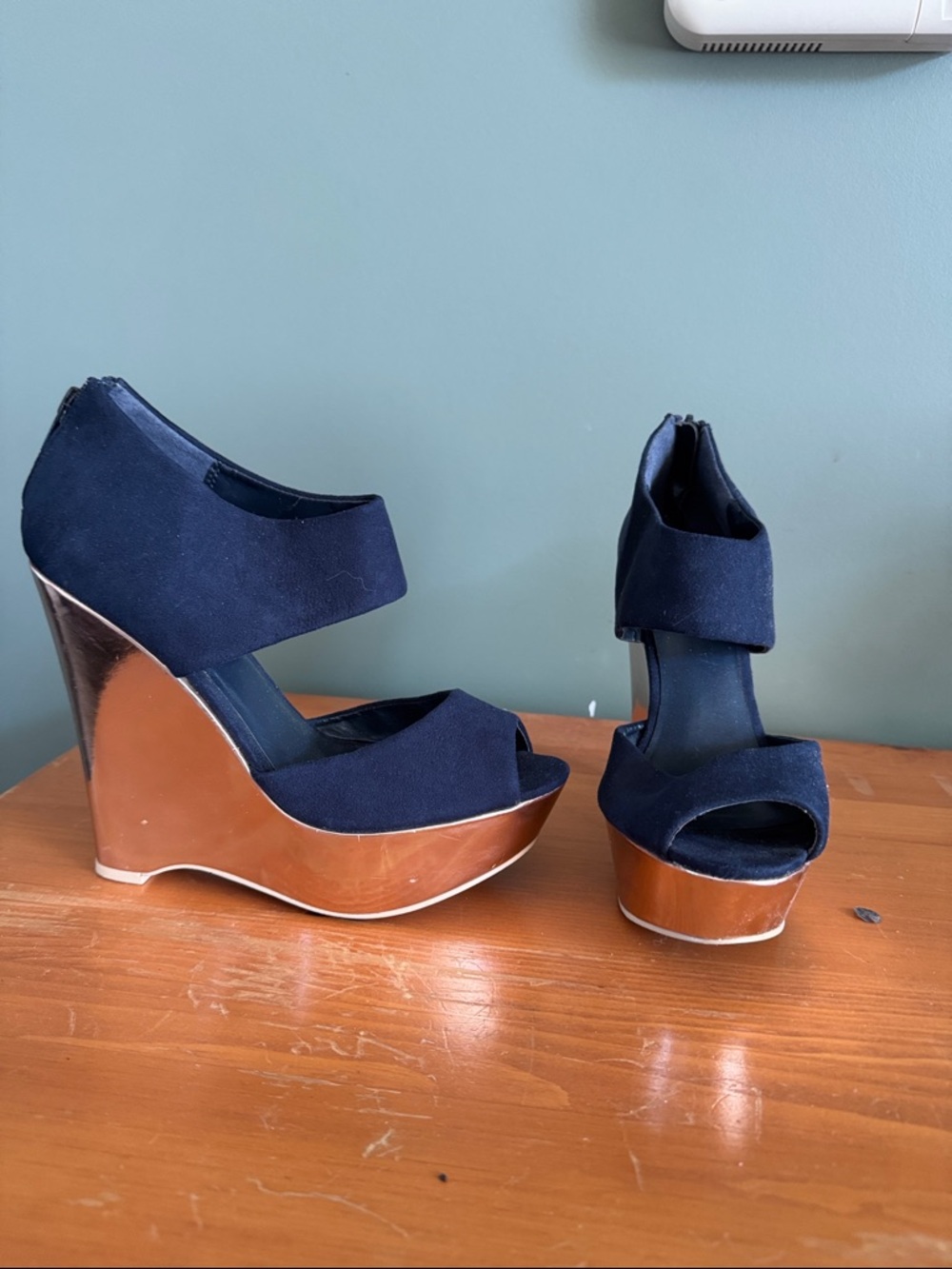 Forever 21 Navy and Wood-Accent Platform Wedge Sandals